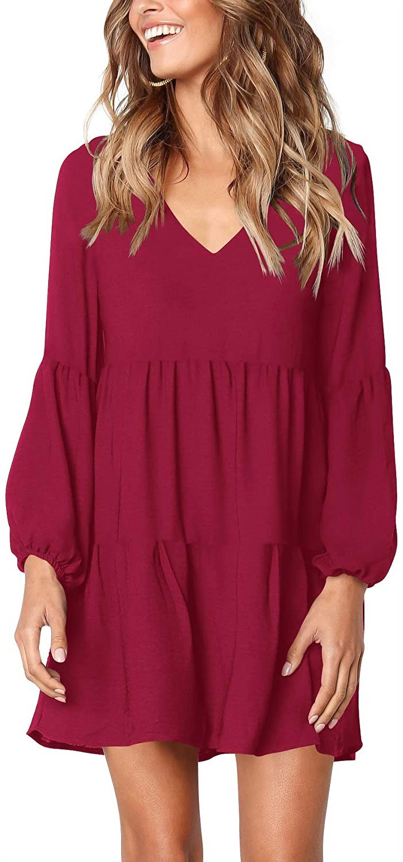 Women's Roll Up Short Sleeve V Neck Ruffle Hem Solid Swing Smock Dress - A:  Burgundy - Walmart.com