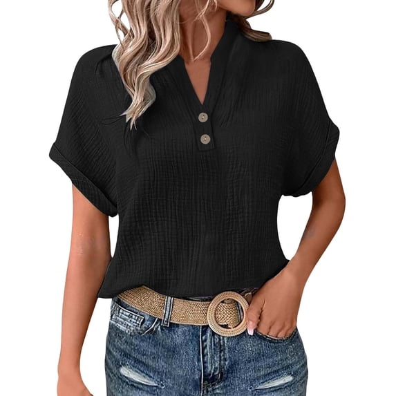 Women's Roll-Up Sleeve Crinkle T-Shirt – V-Neck, Button Detail, Casual Blouse, Black Women's Fashionable And Casual Solid Color V Neck Wrinkle Cloth Button Short Sleeve Rolled up T Shirt Top
