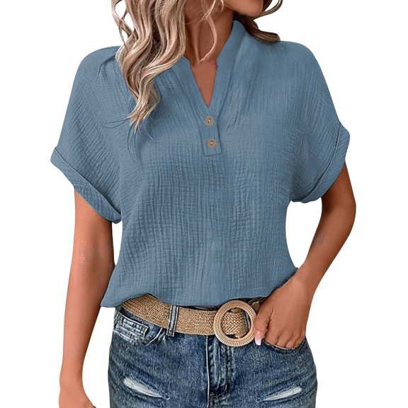 Women's Roll-Up Sleeve Crinkle T-Shirt – V-Neck, Button Detail, Casual Blouse, Blue Women's Fashionable And Casual Solid Color V Neck Wrinkle Cloth Button Short Sleeve Rolled up T Shirt Top