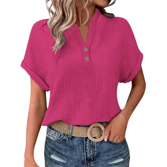 Women's Roll-Up Sleeve Crinkle T-Shirt – V-Neck, Button Detail, Casual Blouse, Hot Pink Women's Fashionable And Casual Solid Color V Neck Wrinkle Cloth Button Short Sleeve Rolled up T Shirt Top