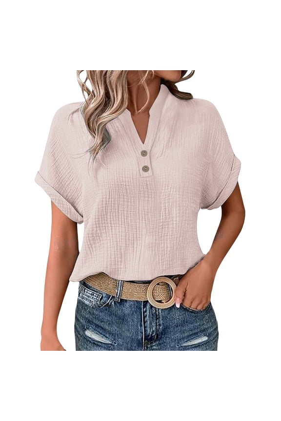 Women's Roll-Up Sleeve Crinkle T-Shirt – V-Neck, Button Detail, Casual Blouse, Pink Women's Fashionable And Casual Solid Color V Neck Wrinkle Cloth Button Short Sleeve Rolled up T Shirt Top