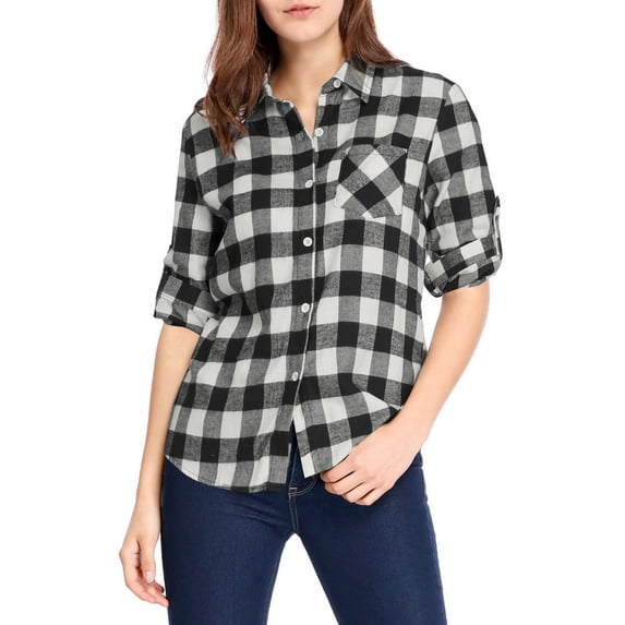 Women's Roll Up Sleeves Buttoned Boyfriend Plaids Shirt