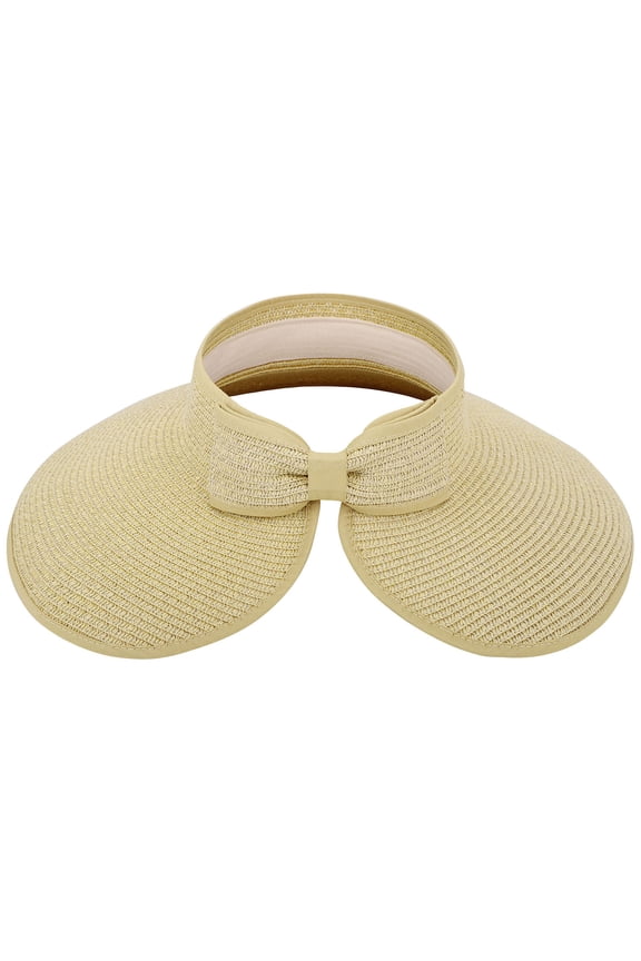 Women's Roll Up Wide Brim Straw Sun Hat Visor Ribbed_Beige