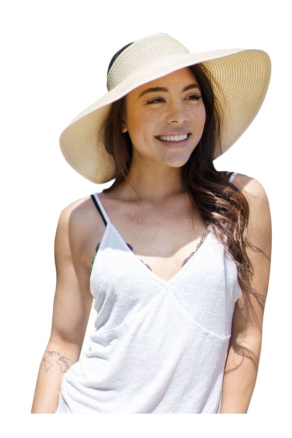 Women's Roll Up Wide Brim Straw Sun Visor Ribbed_Beige/White