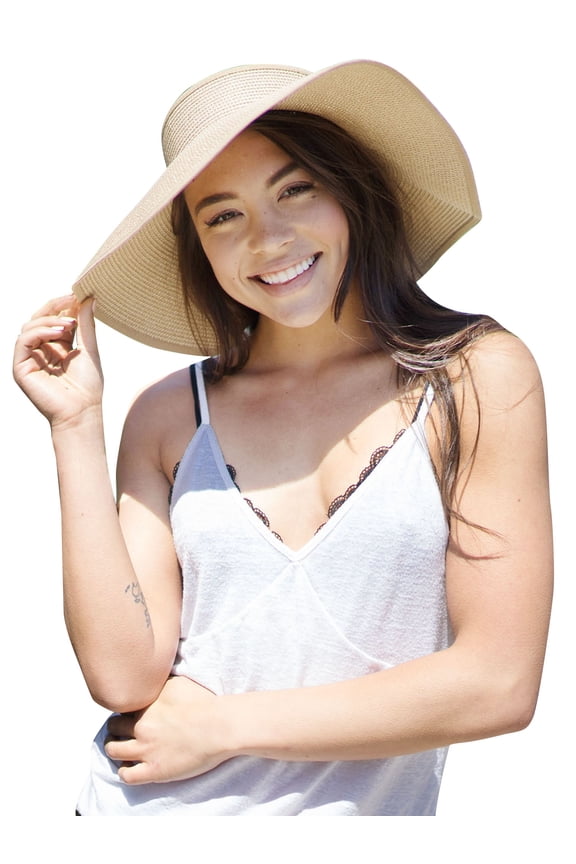 Women's Roll Up Wide Brim Straw Sun Visor Ribbed_Off-White