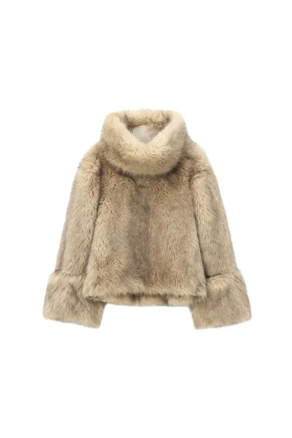 Women’s Rolled-Edge Long-Sleeve Minimalist Hoodie High Neck Vegan Fur Jacket