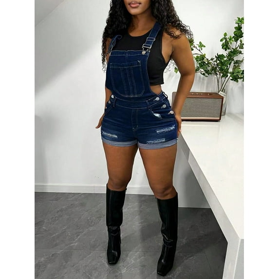 Women's Rolled Edge Ripped Denim Jumpsuit High Waisted Lace Up Shorts Jumpsuit