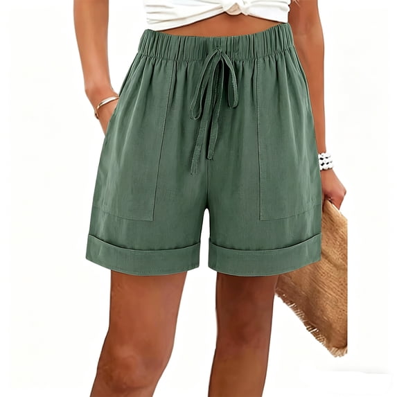 Women's Rolled Hem Linen Bermuda Shorts Elastic High Waist Drawstring Casual Loose Fit Summer Comfy Shorts Holiday Short Pants