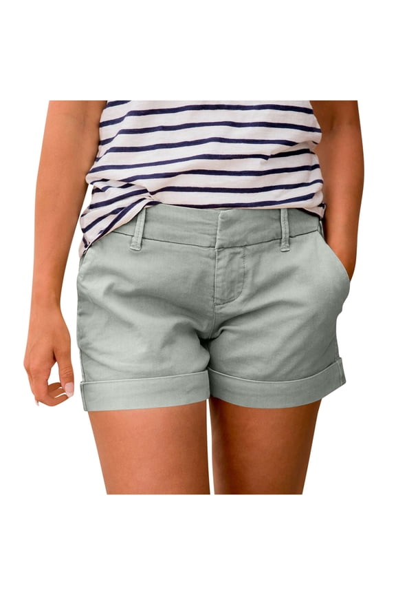 Women's Rolled Hem Shorts Mid Waisted Short Trousers Wide Leg Casual Stretchy Ripped Short Pants with Pocket