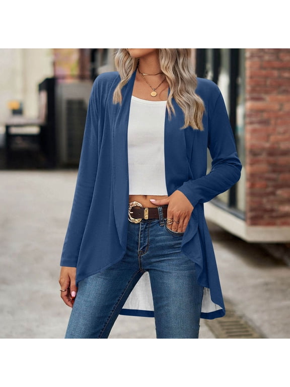 Women's Rolled Long Sleeve Lightweight Summer Cardigans, Side Split Open Front Beach Coverups Blue L