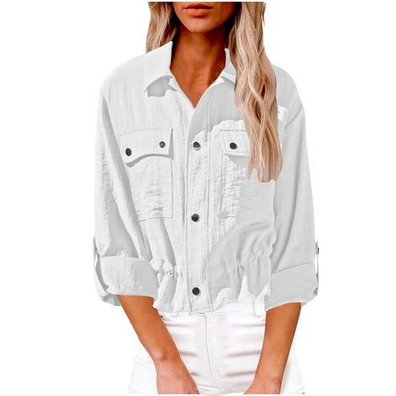 Women's Rolled Long Sleeve Shirts Dressy Casual Button Down Lapel Collar Blouses Elastic Waist Cargo Tops with Pockets