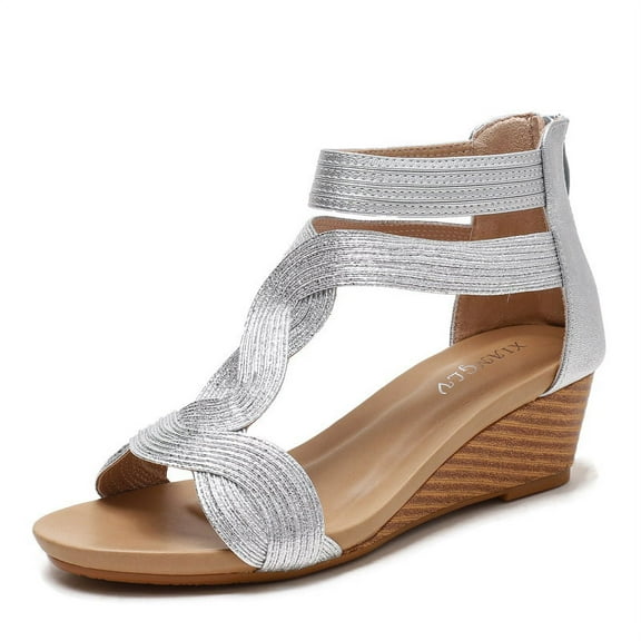 Women's Roman Wedge Sandals - Stylish Open-Toe Ankle Strap Sandals with Back Zipper