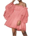thumbnail image 1 of Women's Romantic Off Shoulder Flounce Long Sleeve Wedding Ruffle Mesh Party Mini Dress Strapless Tulle Dresses, 1 of 5