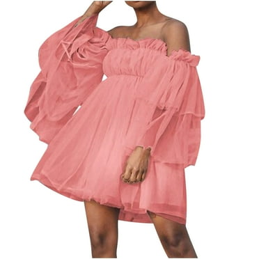 Women's Romantic Off Shoulder Flounce Long Sleeve Wedding Ruffle Mesh Party Mini Dress Strapless Tulle Dresses