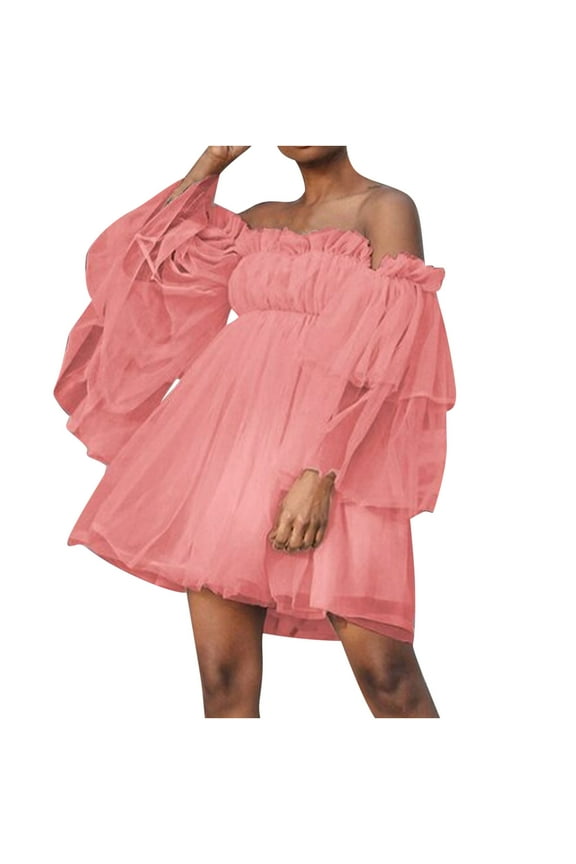 Women's Romantic Off Shoulder Flounce Long Sleeve Wedding Ruffle Mesh Party Mini Dress Strapless Tulle Dresses