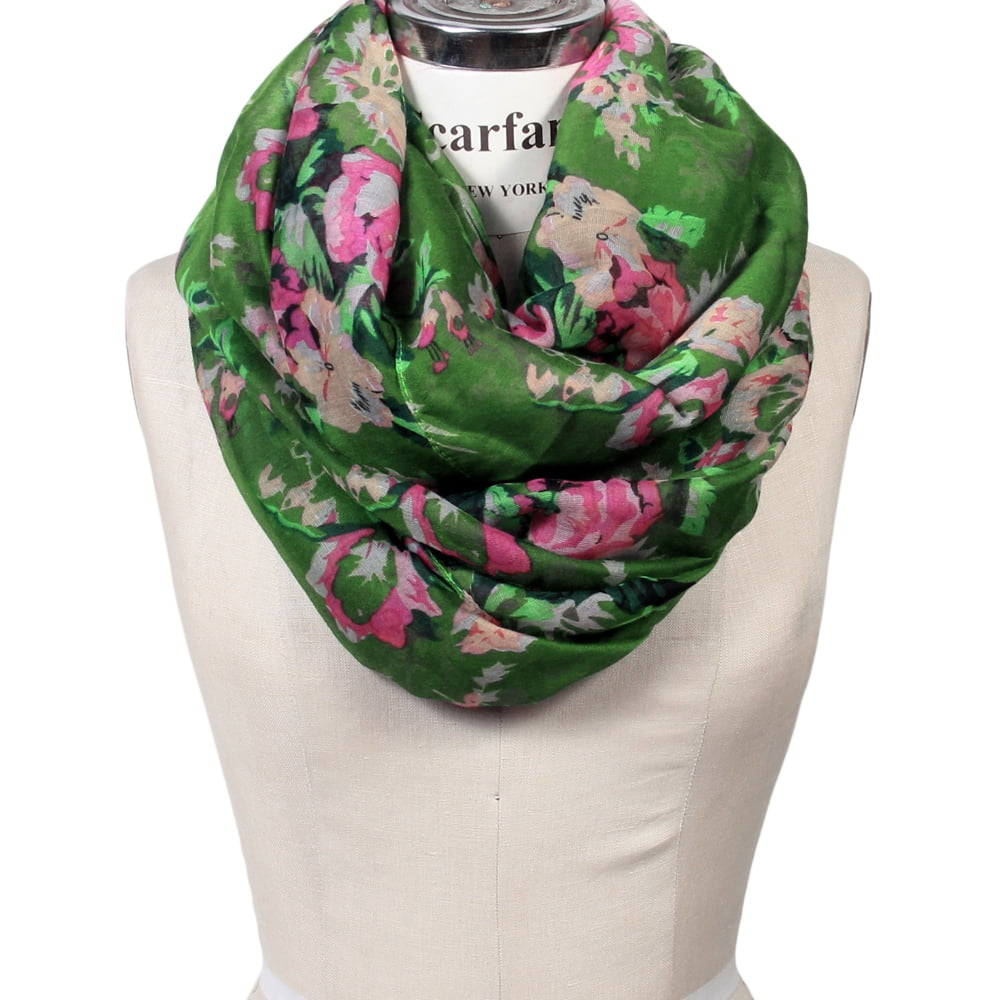 Women's Romantic Rose Print Lightweight Infinity Scarf \u0026 Head Wrap (Green)