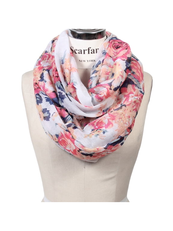 Women's Romantic Rose Print Lightweight Infinity Scarf & Head Wrap (White)