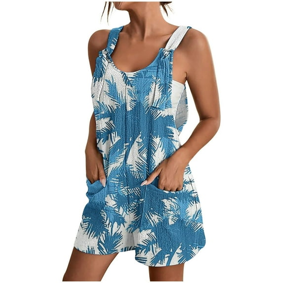 Women's Romper Summer Casual Fashion Blue Print Tie Knot Strap Short Jumpsuit with Pocket Scoop Neck Loose Wide Leg Outfits, Multicolor, XXXL