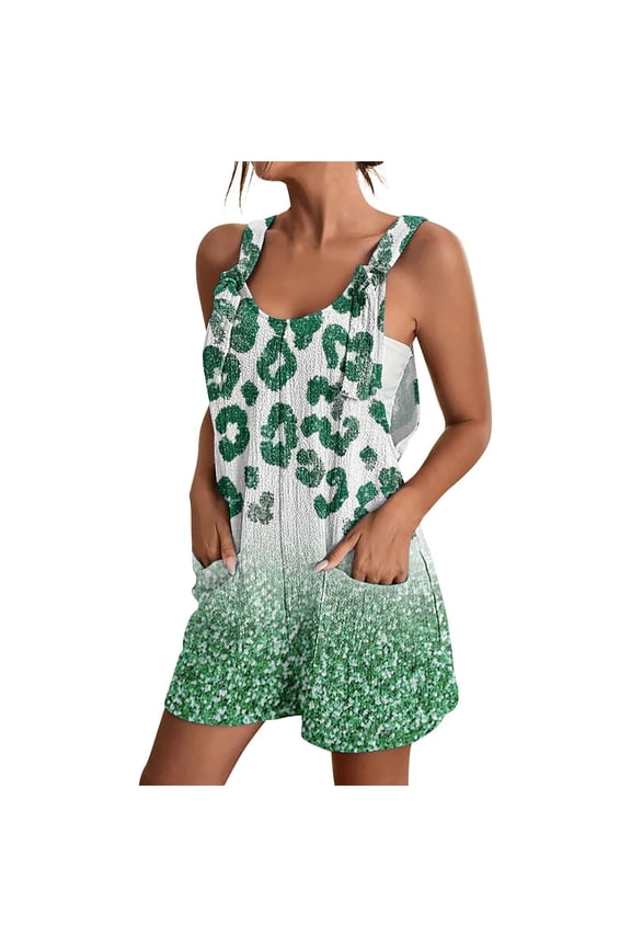 Women's Romper Summer Casual Fashion Green Print Tie Knot Strap Short Jumpsuit with Pocket Scoop Neck Loose Wide Leg Outfits, Multicolor, M