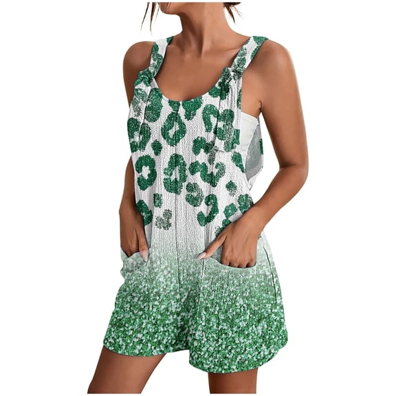 Women's Romper Summer Casual Fashion Green Print Tie Knot Strap Short Jumpsuit with Pocket Scoop Neck Loose Wide Leg Outfits, Multicolor, XL