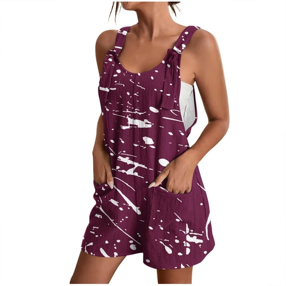 Women's Romper Summer Casual Fashion Ink Dot Print Tie Knot Strap Short Jumpsuit with Pocket Scoop Neck Loose Wide Leg Outfits, Wine, L