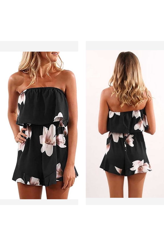 Women's Rompers Summer Strapless Floral Print Off Shoulder Boho Flowy Hem Shorts Jumpsuit Beach Club Wear Going Out Summer Outfits Clothes