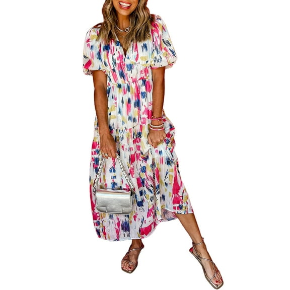 Women's Rose Abstract Print Short Puff Sleeve Tiered Maxi Dress - [ZhiHiMeRi] | (US 16-18)XL