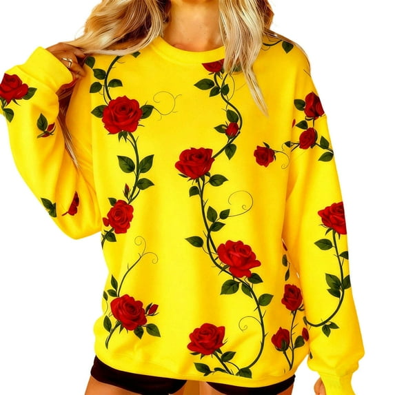 Women's Rose Floarl Print Long Sleeve Sweatshirt Valentines Day Vintage Graphic Round Neck T Shirts