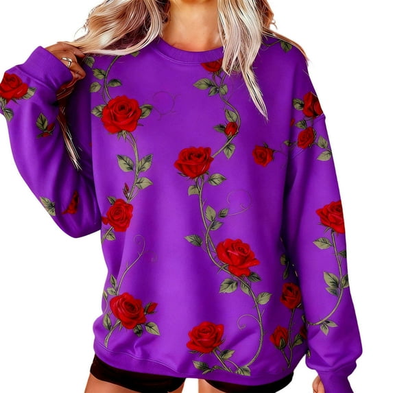 Women's Rose Floarl Print Long Sleeve Sweatshirt Valentines Day Vintage Graphic Round Neck T Shirts