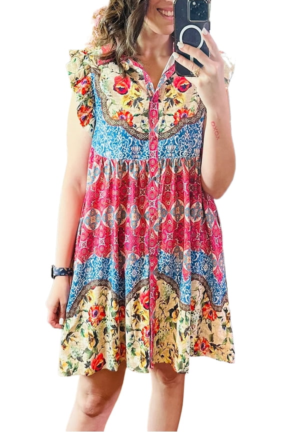 Women's Rose Floral Mixed Pattern Ruffle Flutter Sleeve Buttoned Dress | [ZhiHiMeRi] | (US 12-14)L
