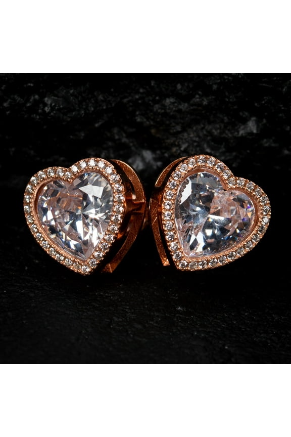 Women's Rose Gold 925 Sterling Silver Heart Shaped Screw Back Cz Stud Earrings