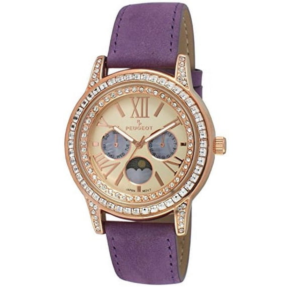 Women's Rose Gold Crystal Bezel Multi-Function Mother of Peal Roman Numeral Purple Suede Strap Watch 3031PR