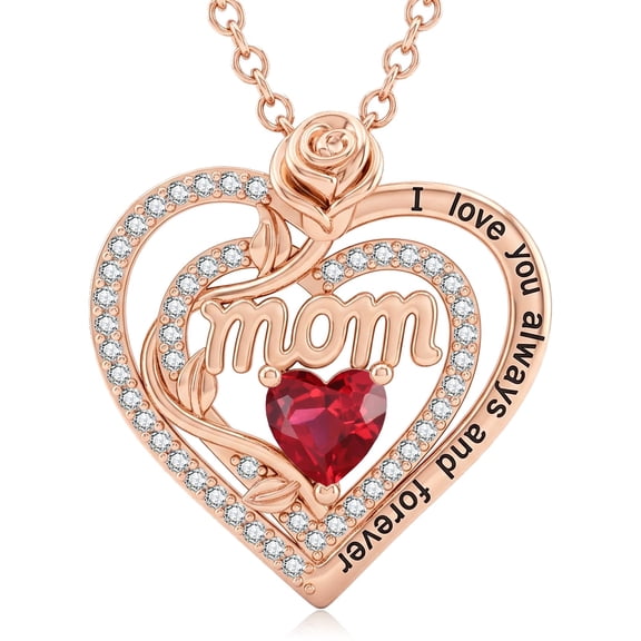 Birthstone Birth Flower Heart Necklace with Floral Rose and Leaf Details