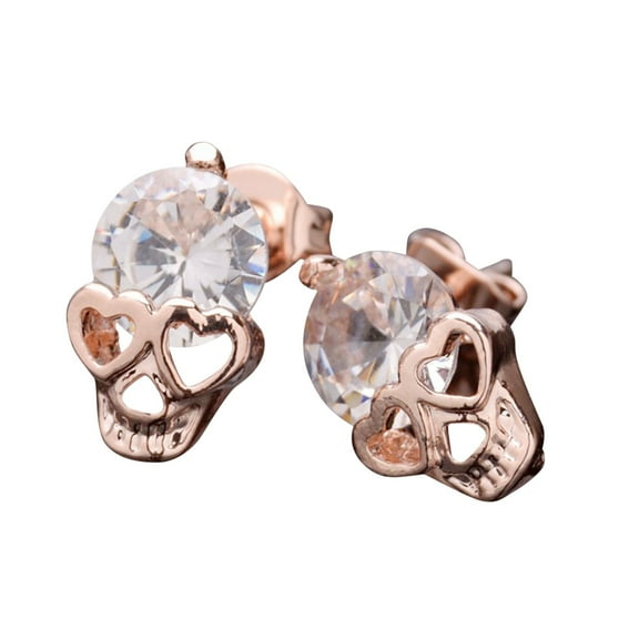 Women's Rose Gold Skull Stud Earrings - Sparkling Diamond Gothic Jewelry, Pierced Rhinestone Studs for Halloween & Everyday Wear