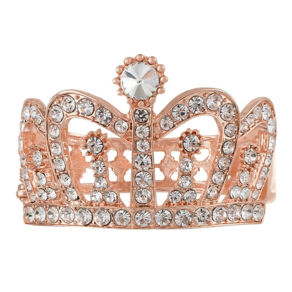 Women's Rose Golden Tone Sparkly Clear Crystal Rhinestones Crown Tiara Princess Cuff Bracelet