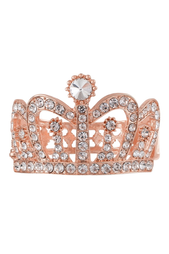 Women's Rose Golden Tone Sparkly Clear Crystal Rhinestones Crown Tiara Princess Cuff Bracelet