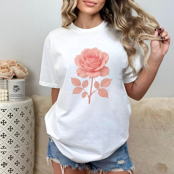 Women's Rose Graphic T-Shirt Elegant Floral Tee Fashion Conscious Top Soft Round Neck Streetwear White S-5XL
