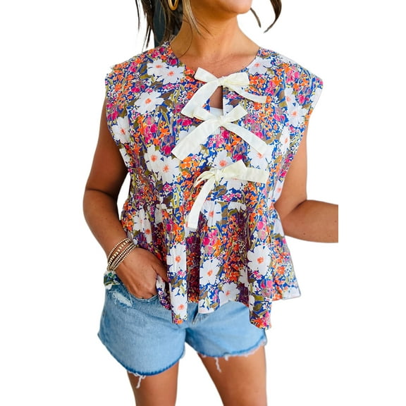 Women's Rose Green Floral Print Bow Applique Sleeveless Peplum Blouse | [ZhiHiMeRi] | (US 16-18)XL