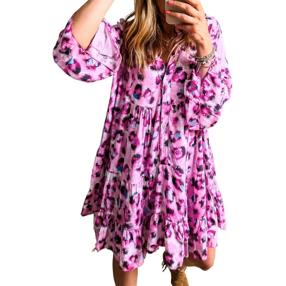 Women's Rose Leopard Print Buttoned Front Mini Dress with 3/4 Flounce Sleeves | [ZhiHiMeRi] | (US 20-22)2XL