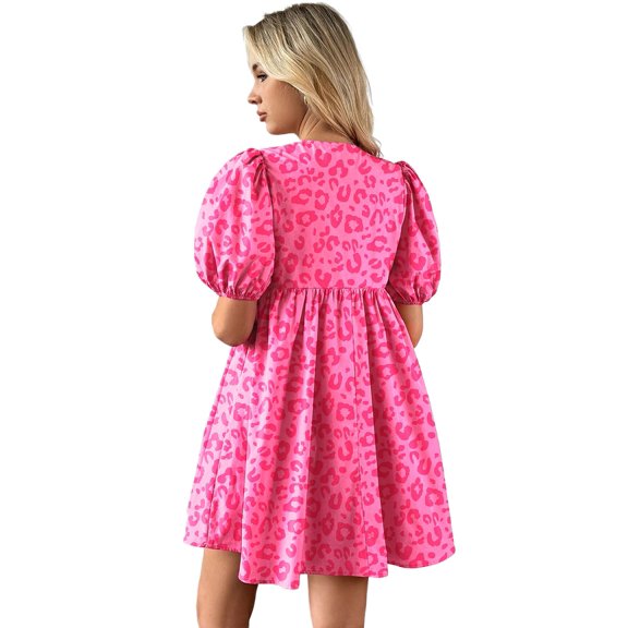 Women's Rose Leopard Puff Sleeve Tie Front High Waist Mini Dress - [ZhiHiMeRi] | (US 16-18)XL