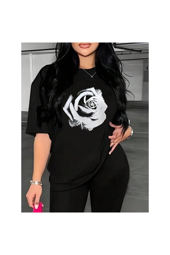Women's Rose Print Tee Drop Shoulder Round Neck Short Sleeve Top Fashion Casual Daily Wear Black S-5XL
