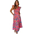 thumbnail image 1 of Women's Rose Red Boho Floral V Neck Ruffle Tiered Long Dress, 1 of 8