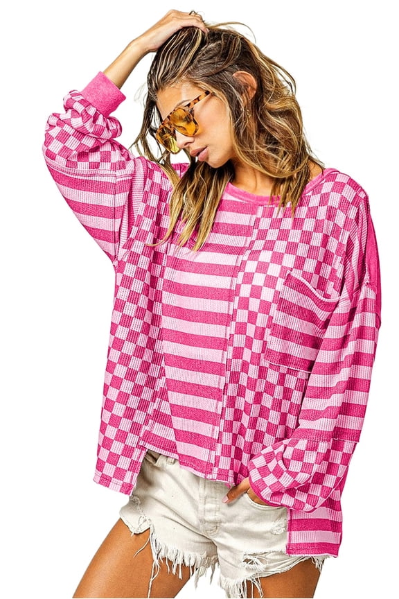 Women's Rose Red Checkerboard Striped Patchwork Lantern Sleeve Blouse with Pocket | [ZhiHiMeRi] | (US 12-14)L