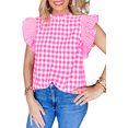 thumbnail image 1 of Women's Rose Red Checkered Ruffled Sleeve Frilled Neck Blouse, 1 of 11