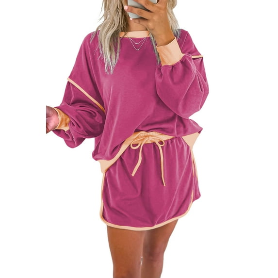 Women's Rose Red Color Contrast Loose Pullover & Lace-Up Waist Skort Set - [ZhiHiMeRi] | (US 12-14)L