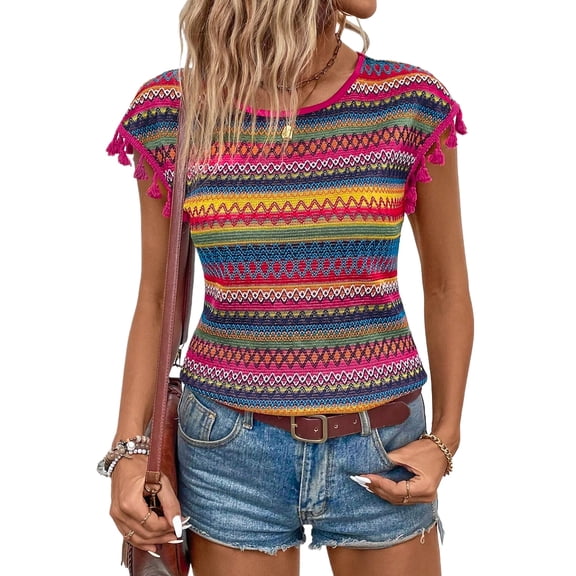 Women's Rose Red Jacquard Textured Tasseled Cap Sleeve Top - Bohemian Style - [ZhiHiMeRi] | (US 12-14)L