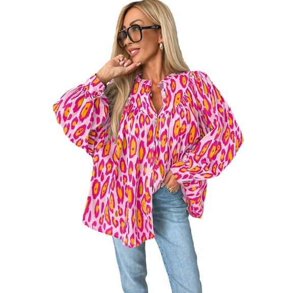 Women's Rose Red Oversized Leopard Print Balloon Sleeve Casual Shirt | [ZhiHiMeRi] | (US 4-6)S