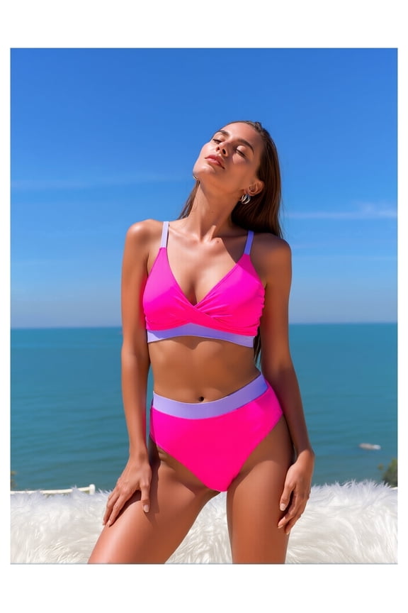 Women's Rose Red and Pink Color Block High-Waisted Bikini Set - Backless Two-Piece Swimwear for Hot Spring and Beach