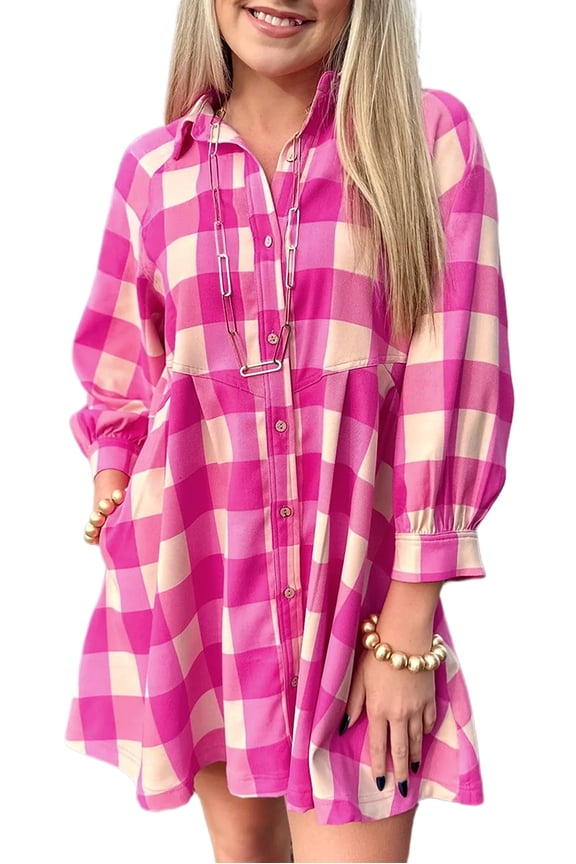 Women's Rose Red Plaid Collared Shirt Sleeve A-Line Mini Dress