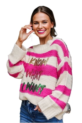 Women's Rose Red Sequin Letter Graphic Colorblock Sweater – Casual Fall Fashion Essential - [ZhiHiMeRi] | L